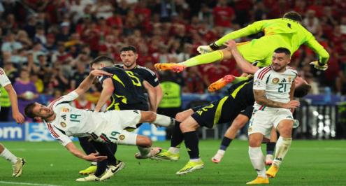 مدرج اليورو.. سقوط وإصابة مروعة للاعب المجر (صور)